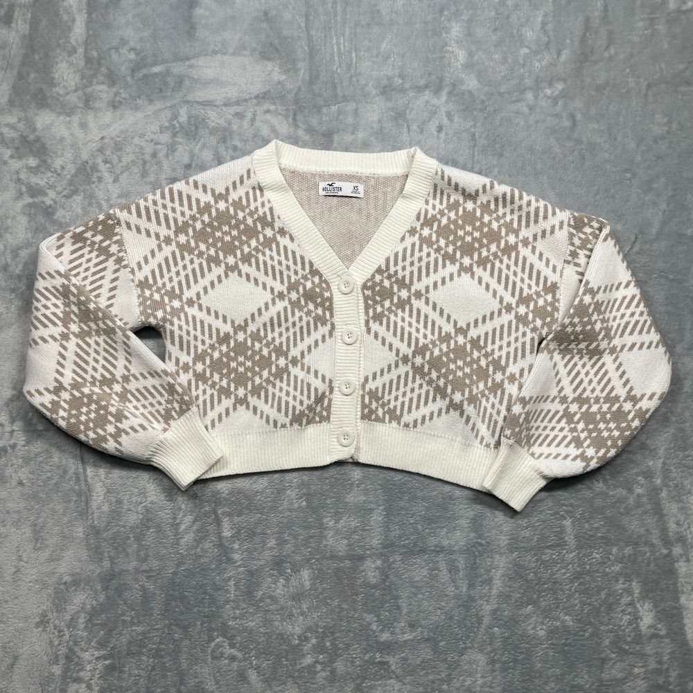 Hollister Cardigan Sweater Women XS Cream Tan Argyle Plaid Cropped V-Neck Button